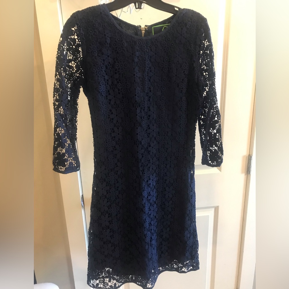 Wonder Navy Blue Crewneck Lace Overlay 3/4 sleeve Midi Dress size 0